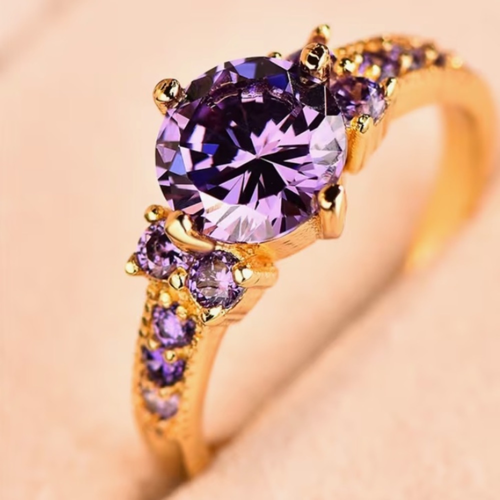 Gold-Plated Ring with Purple Center Stone - Women Jewelry size 7